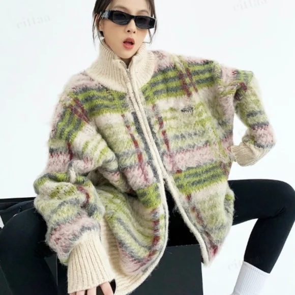Fuzzy Knitted Mock Neck Cardigan ▪︎ Multi Color ▪︎ MD - Picture 4 of 13